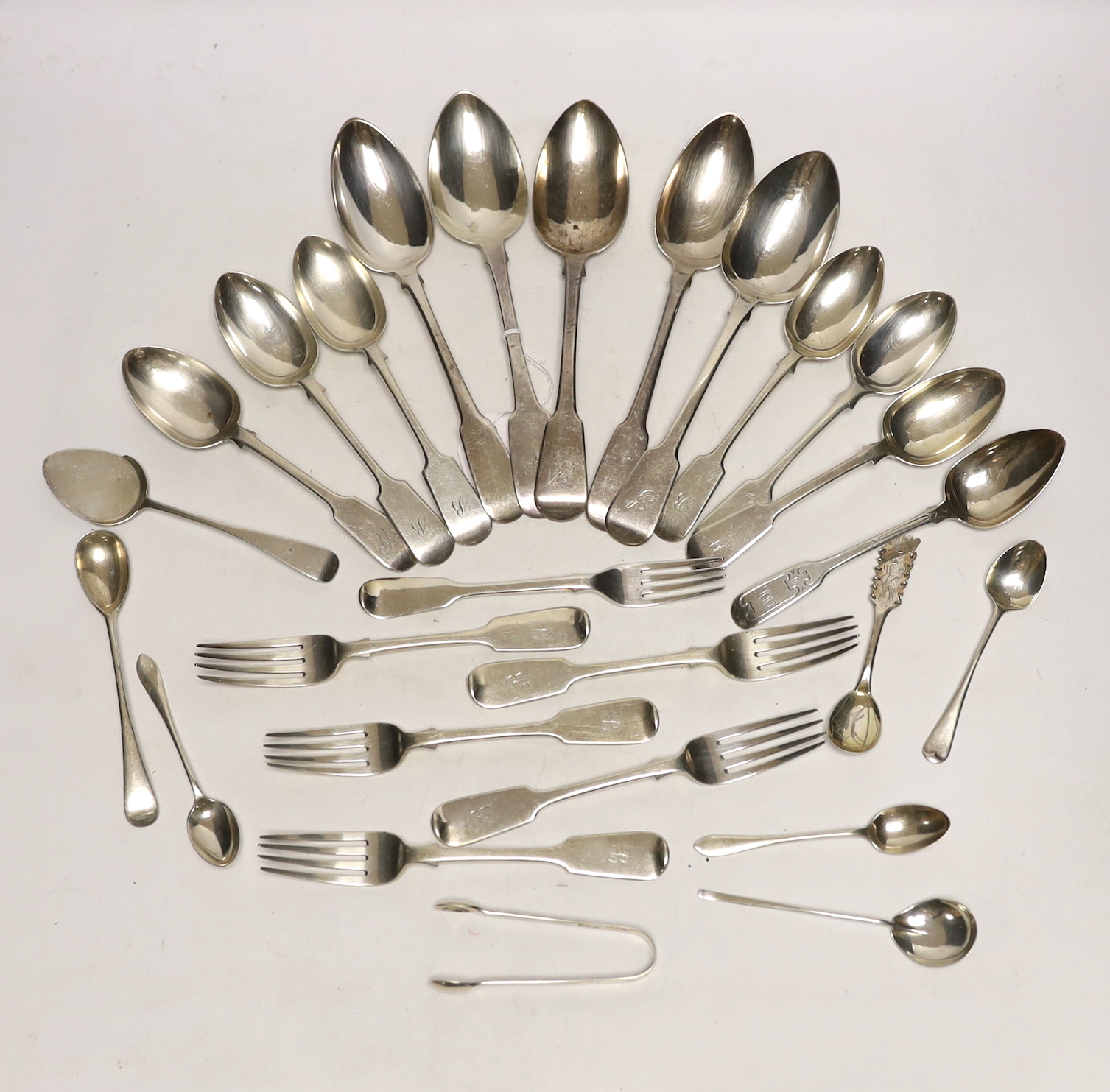 A quantity of assorted mainly 19th century silver flatware, various patterns, dates and makers and a Swedish teaspoon